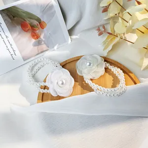 Elegant white camellia flower hair ties with double-strand imitation pearl beads