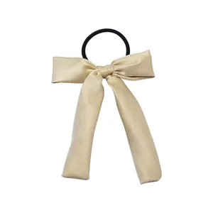 Elegant champagne satin long ribbon bow hair tie with high elastic scrunchie for women