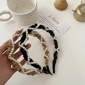 French vintage style pleated headband with pearl accents in black and khaki colors