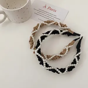 French vintage pleated headband with woven faux pearls in black and beige colors