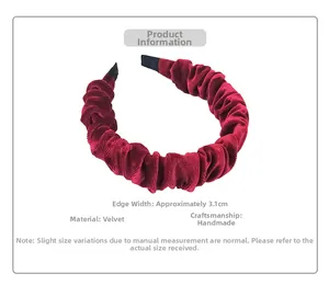 Detail showing handmade pleated velvet headband in burgundy with a width of 3.1cm