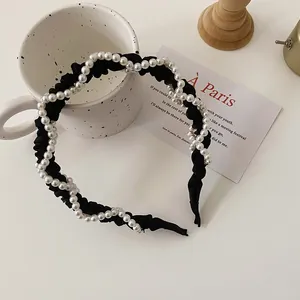 French vintage style black pleated headband with twisted white pearls for women