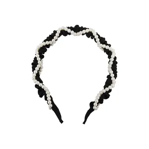French vintage style headband with black pleated fabric and elegant white pearls