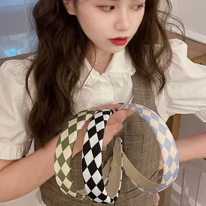 Retro checkered wide headband set in black, green, and blue fabric for women