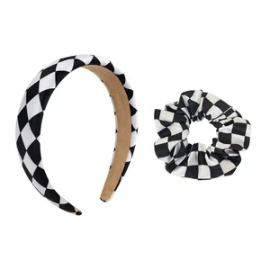 French vintage black and white checkered headband and scrunchie hair accessory set