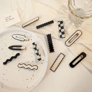 Minimalist black and white checkerboard hair clips and acrylic wave hairpins set