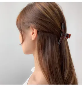 Brown tortoiseshell hair claw clip shown from a side view on a woman with long hair