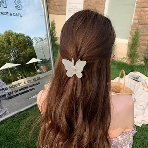 Detalle de pinza para el pelo de mariposa translúcida esmerilada usada bajo el sol