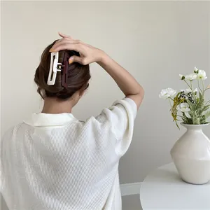 Close-up of matte cream and coffee large rectangular hair claws on model hair