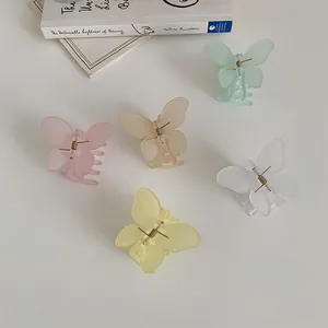 Set de cinco pinzas para el cabello de mariposa pastel en acrílico mate sobre un libro