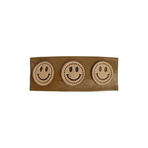French vintage dark brown PU leather hair clip with three embroidered smiley patches