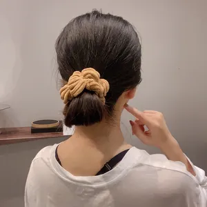 Thick khaki corduroy scrunchie elastic hair tie for elegant ponytail styling