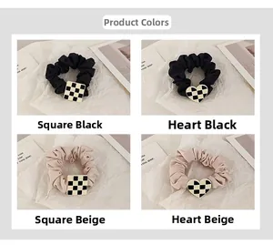 Checkered pattern scrunchie hair ties featuring heart and square charms in four styles