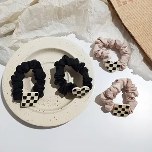 Black and beige satin scrunchies set with checkered heart and square charms