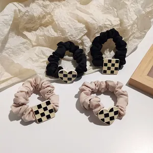 Retro Checkerboard Satin Scrunchies Heart Square Charm Elastic Hair Ties French Style Headwear For Women Girls Daily Hair Accessories