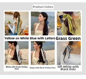 Chiffon bow hair ties shown in six patterns including smiley face and dots print
