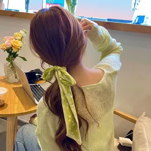 French style floral green chiffon hair ribbon scarf tied in an elegant bow for women