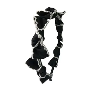 French vintage black pleated headband with white scalloped lace edges for women