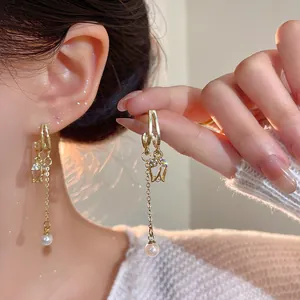 Pink tulip long tassel earrings with pearls and zircon stones in a gold-plated finish