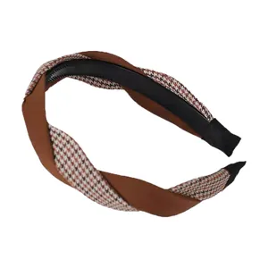 Brown satin and houndstooth twisted headband with non-slip inner teeth for women