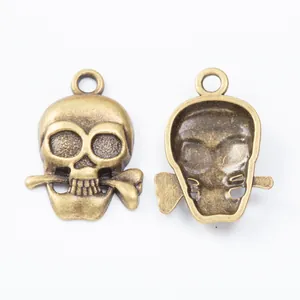 Retro bronze skull pendant with bone in mouth for DIY jewelry making accessories