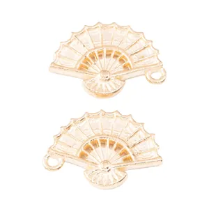 Pair of gold metal fan charms with detailed ribs for DIY jewelry making and crafts