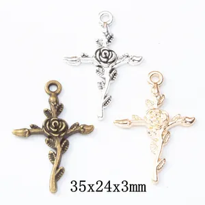 Pendentif Croix Rose en Alliage Vintage Pour Fabrication de Bijoux DIY Bronze Antique Argent Or KC Charme Religieux Fleur