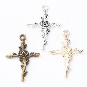 Pendentifs croix rose en alliage de zinc bronze, argent et or pour la création de bijoux DIY