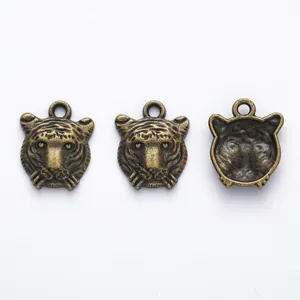 Pendentifs tête de tigre en bronze vintage pour bijoux DIY, vue recto et verso