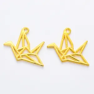 Pair of golden origami crane charms made of vintage zinc alloy for DIY jewelry crafting