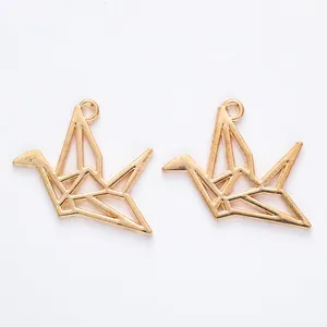 Golden origami crane metal pendant with geometric hollow design for DIY jewelry making