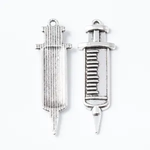 Retro silver alloy syringe charms with detailed scales for DIY jewelry making