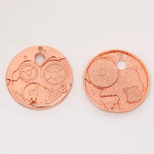 Rose gold steampunk gear charms with mechanical relief for DIY necklace jewelry making