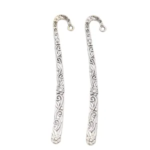 Vintage silver alloy bookmark hook with embossed flower vine patterns and top loop