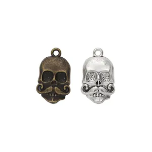 Vintage zinc alloy skull pendants with mustache in antique bronze and silver finishes