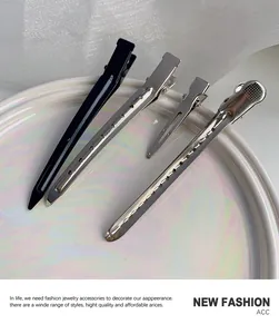 Set of four professional metal hair clips in black and silver on a white ceramic plate