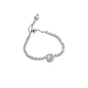 Adjustable silver drawstring bracelet featuring a square-cut white zircon centerpiece