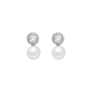 Elegante silberne Perlenohrringe mit Zirkonia-Inlay und polierter Oberfläche