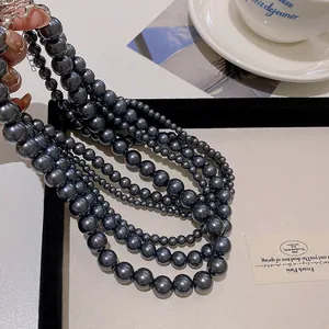 Collana di perle grigie multistrato vintage francese con design elegante e chiusura argento