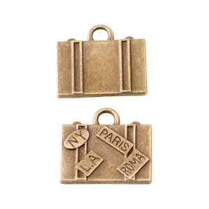 Pendentifs valise vintage en alliage de bronze pour bijoux DIY avec gravures de villes