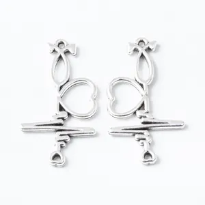 Vintage alloy stethoscope heart charms with electrocardiogram pattern for DIY jewelry