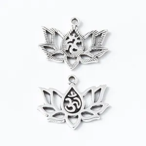 Vintage silver lotus flower pendant charms with Om symbol in antique alloy finish