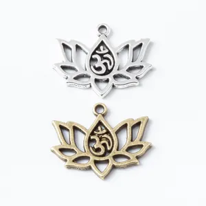 Vintage alloy lotus flower pendants with Om symbol in bronze and silver for DIY jewelry