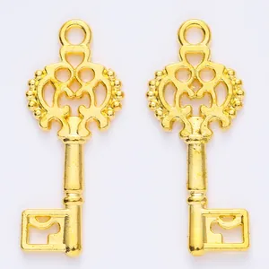 Close-up of golden vintage baroque hollow key pendants with intricate floral details