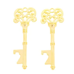 Set of two vintage-style gold alloy key-shaped bottle openers with ornate patterns