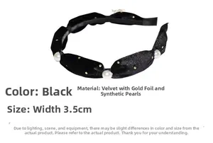 Detail of 3.5cm wide black velvet headband with gold foil dots and white pearls