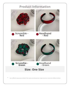 Detail of red and green plaid fabric headband and scrunchie set in vintage style