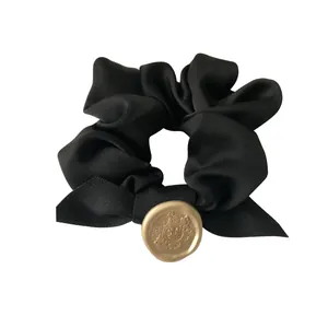 French vintage black silk scrunchie with bow and gold H-initial wax seal metal piece