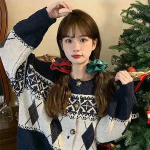 Classic red and green plaid hair bands shown on a model with a festive Christmas theme