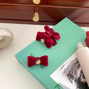 Vintage Velvet Bow Hair Clip Rhinestone Small Hair Claw Clip And Barrette For Women Retro Wine Red Hair Accessories